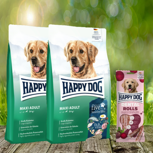 Happy Dog Fit & Vital Maxi Adult 2 x 14 kg + Happy Dog Dental Rolls *geschenkt*
