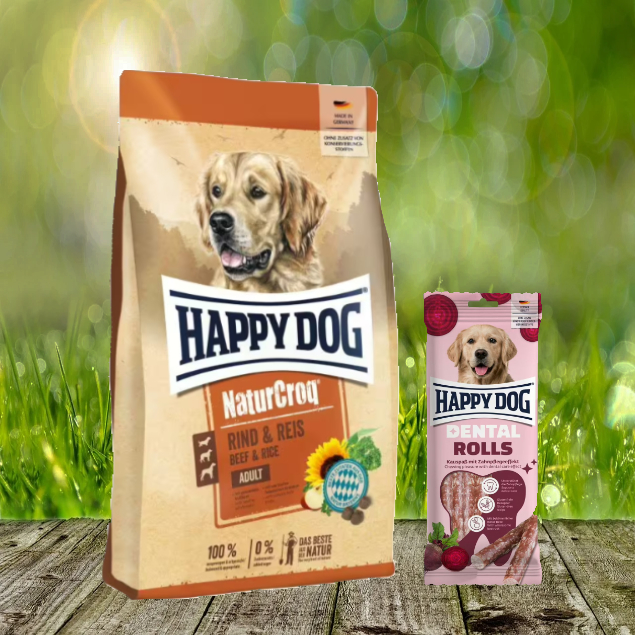 Happy Dog Premium NaturCroq Rind und Reis 15 kg + Happy Dog Dental Rolls *geschenkt*