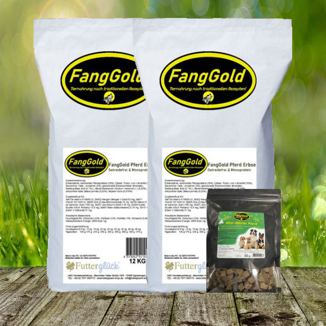 FANGGOLD Pferd & Erbse 2 x 12 kg + FANGGOLD Mini-Würfel Pferd 500 g FANGGOLD Pferd & Erbse 2 x 12 kg + FANGGOLD Mini-Würfel Pferd 500 g
