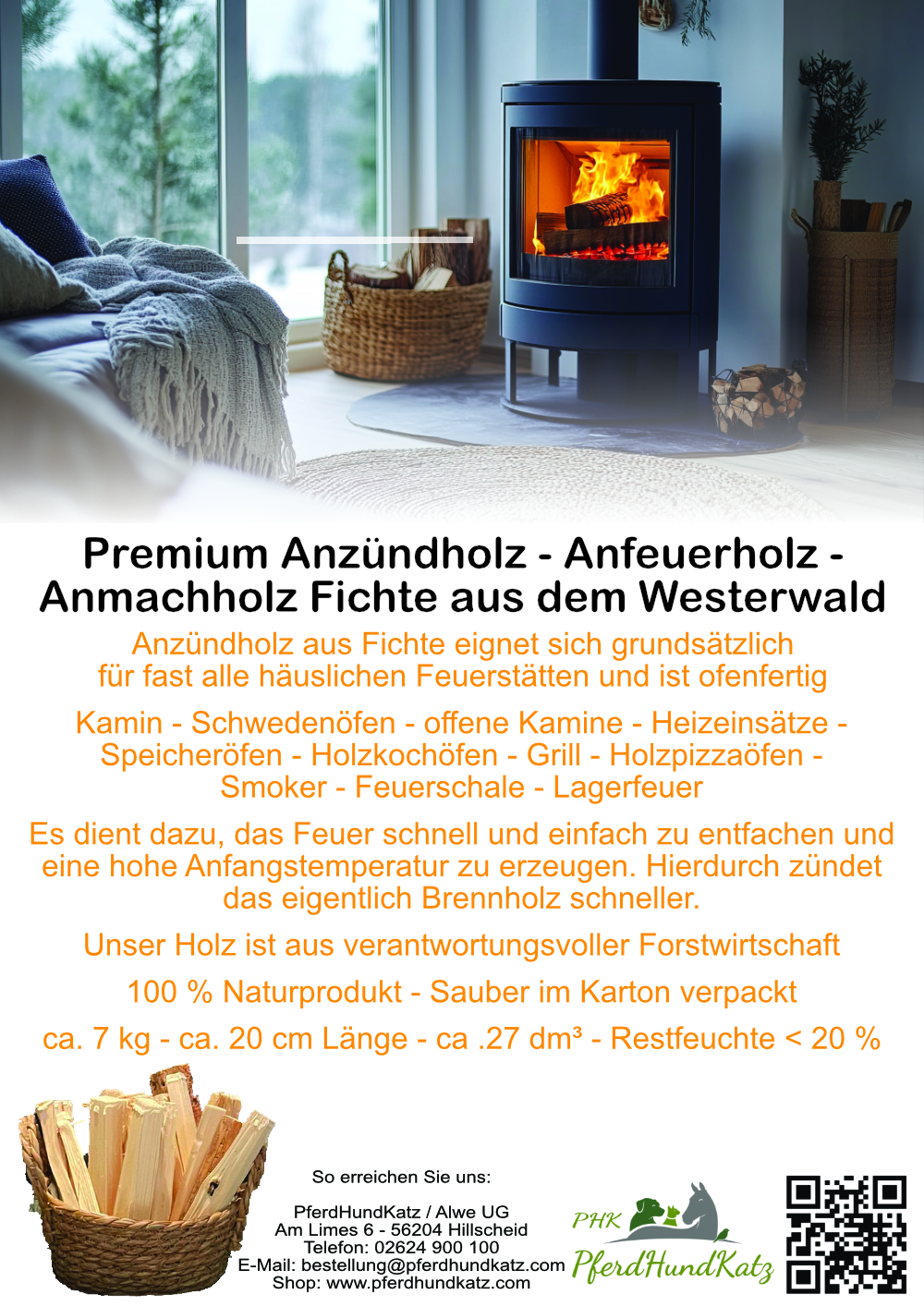Premium Anzündholz Fichte für Kamin und Grill aus dem Westerwald - ca. 7 kg