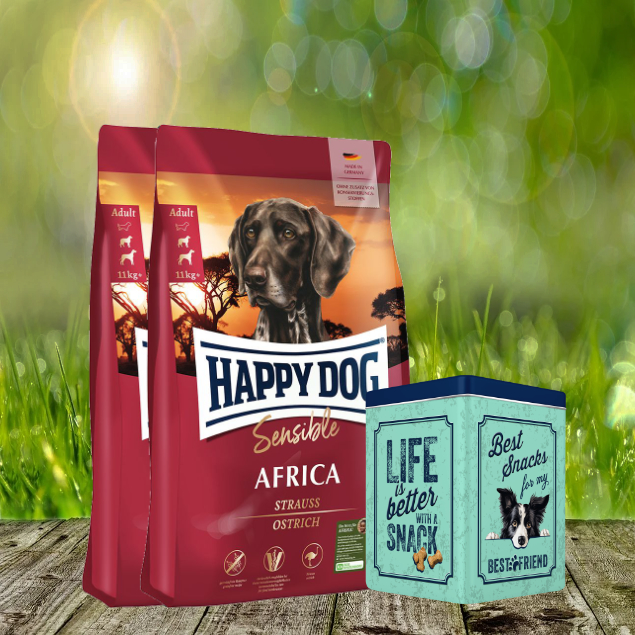 Oktober Aktion - Happy Dog Supreme Sensible Africa 2 x 12,5 kg + Happy Dog Retro Dose (ca. 15,5 x 15,5 x 19,5 cm)