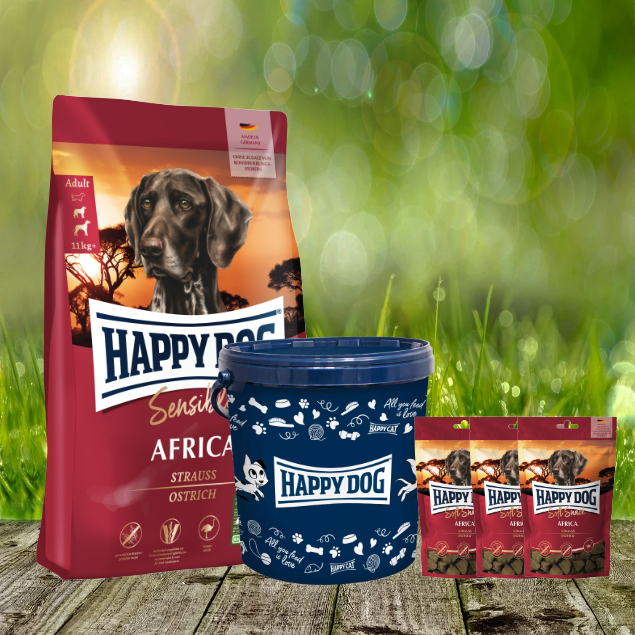 Happy Dog Supreme Africa 4 kg + 3 x 100 g. Happy Dog Soft Snack Africa + Futtertonne 20 Liter Happy Dog Supreme Africa 4 kg + 3 x 100 g. Happy Dog Soft Snack Africa + Futtertonne 20 Liter