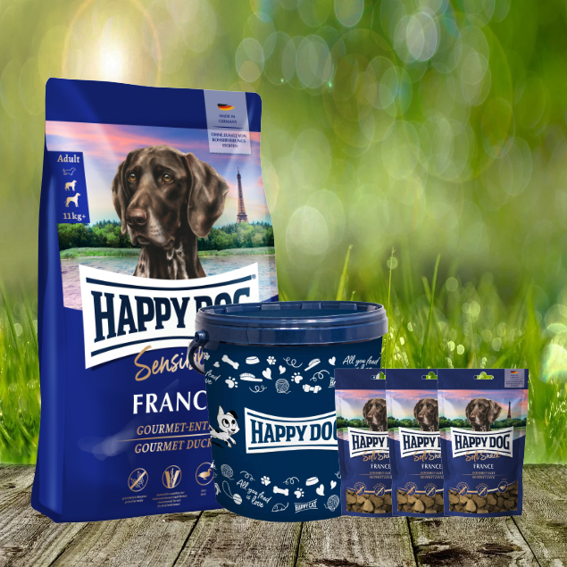 Happy Dog Supreme France 4 kg + 3 x 100 g. Happy Dog Soft Snack France + Futtertonne 20 Liter Happy Dog Supreme France 4 kg + 3 x 100 g. Happy Dog Soft Snack France + Futtertonne 20 Liter