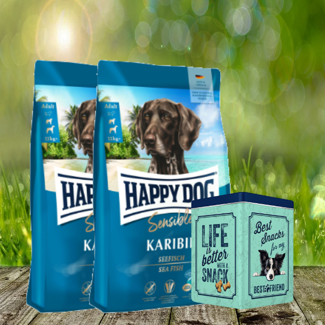 Oktober Aktion - Happy Dog Supreme Karibik 2 x 11 kg + Happy Dog Retro Dose (ca. 15,5 x 15,5 x 19,5 cm)