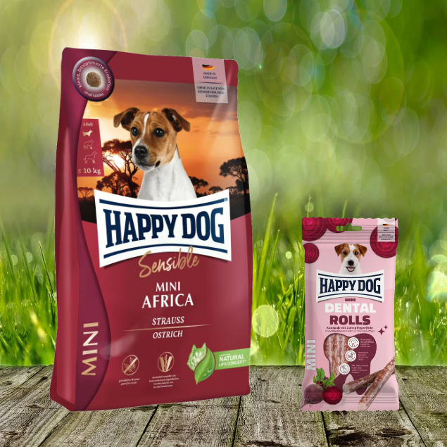 Happy Dog Supreme Mini Africa 4 kg + Happy Dog Dental Snacks Dental Rolls Mini