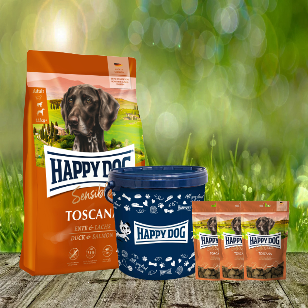 Happy Dog Supreme Toscana 4 kg + 3 x 100 g. Happy Dog Soft Snack Toscana + Futtertonne 20 Liter Happy Dog Supreme Toscana 4 kg + 3 x 100 g. Happy Dog Soft Snack Toscana + Futtertonne 20 Liter