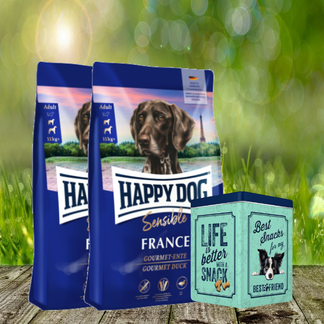 Oktober Aktion - Happy Dog Sensible France 2 x 11 kg + Happy Dog Retro Dose (ca. 15,5 x 15,5 x 19,5 cm)