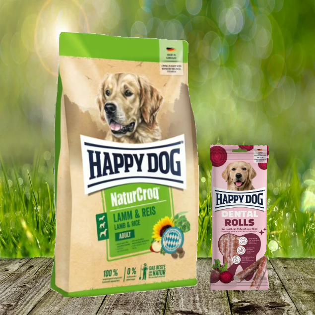 Happy Dog Premium NaturCroq Lamm + Reis 15 kg + Happy Dog Dental Snacks Dental Rolls *geschenkt*
