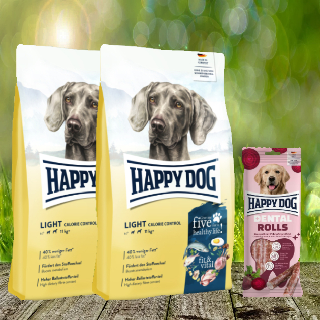 Happy Dog Fit & Vital Light Calorie Control 2 x 12 kg + Happy Dog Dental Rolls *geschenkt*