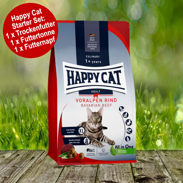 Happy Cat Culinary Adult Voralpen Rind Starter-Set inkl. Futtertonne und Futternapf Happy Cat Culinary Adult Voralpen Rind Starter-Set inkl. Futtertonne und Futternapf