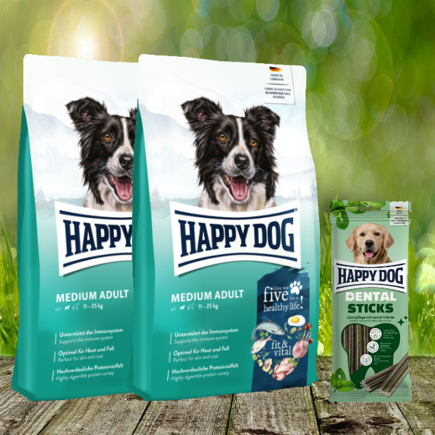 Happy Dog Fit & Vital Medium Adult 2 x 12 kg + Happy Dog Dental Sticks *geschenkt*