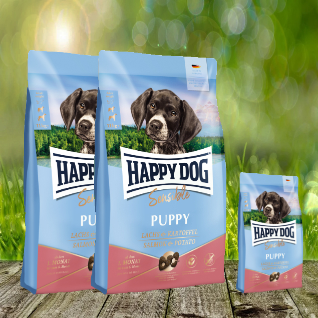 Happy Dog Sensible Puppy Huhn, Lachs & Kartoffel - Hochwertige Vollnahrung für sensible Welpen - 2 x 10 kg + 4 kg