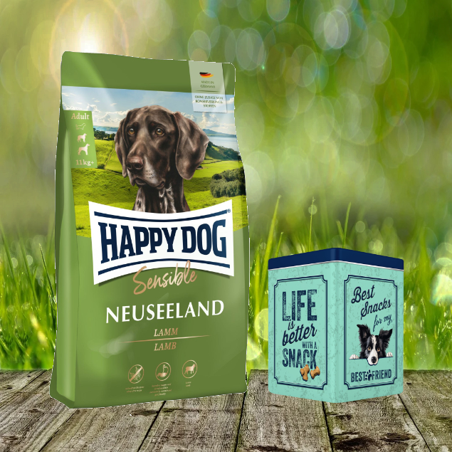 Retro Aktion - Happy Dog Sensible Neuseeland 12,5 kg + Happy Dog Retro Dose (ca. 15,5 x 15,5 x 19,5 cm)