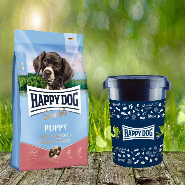 Puppy-Sensibel-Lachs-und-Kartoffel-2022-FuttertonneLYDlk4Li5S2l6 Happy Dog Sensible Puppy Huhn, Lachs & Kartoffel 10 kg + Happy Dog Futtertonne 43 Liter *geschenkt*