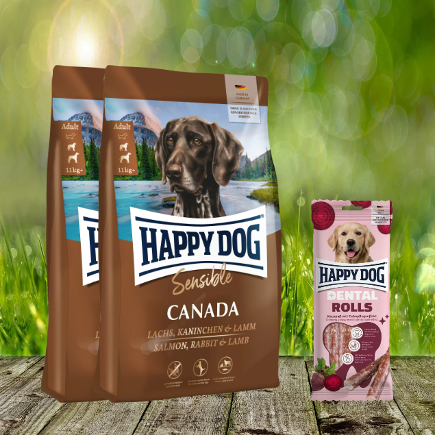 Happy Dog Supreme Sensible Canada 2 x 11 kg + Happy Dog Dental Rolls *geschenkt*
