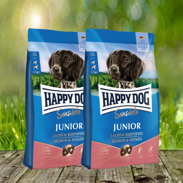 Happy Dog Sensible Junior Huhn, Lachs & Kartoffel - 2 x 10 kg - Glutenfreie Vollnahrung für sensible Junghunde ab dem 7. Monat