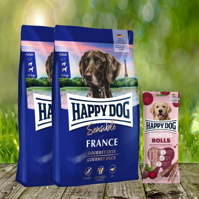 Happy Dog Sensible France 2 x 11 kg + Happy Dog Dental Rolls *geschenkt*