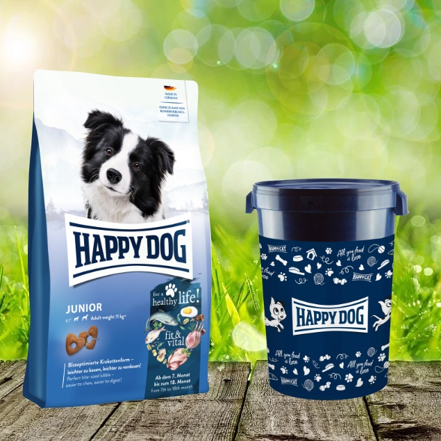 Junior-2022-Futtertonne-43-Liter Happy Dog fit & vital Junior 10 kg + Happy Dog Futtertonne 43 Liter *geschenkt*