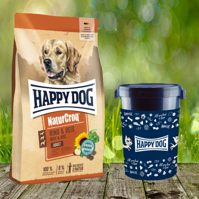 Happy Dog Premium NaturCroq Rind und Reis 15 kg inkl. Happy Dog Futtertonne 43 Liter Happy Dog Premium NaturCroq Rind und Reis 15 kg inkl. Happy Dog Futtertonne 43 Liter