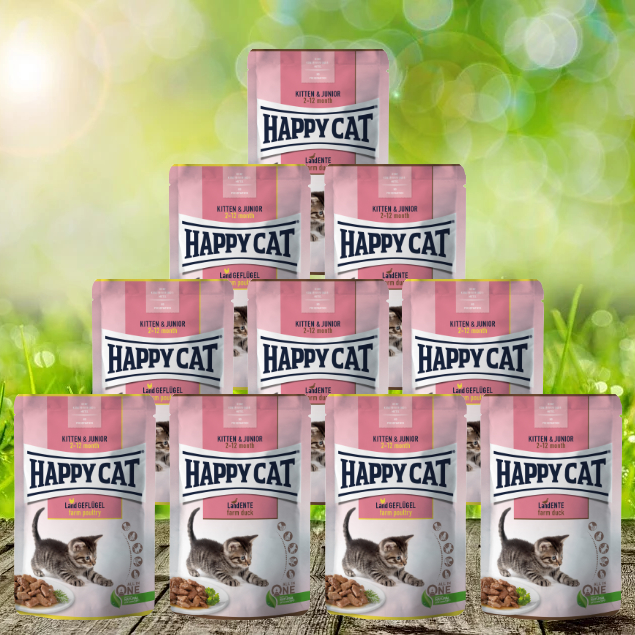 Happy-Cat-Pouches-Kitten-und-Junior-Ente-und-Gefl-gel Happy Cat Meat in Sauce Pouches Kitten & Junior 24 x 85 Gramm